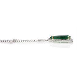 18ct white and yellow gold emerald and diamond necklace, the pear shaped emerald of 9.58 carat, with round brilliant cut diamond surround and bail and four diamonds set within the chain, stamped 750, with World Gemological Institute Report
