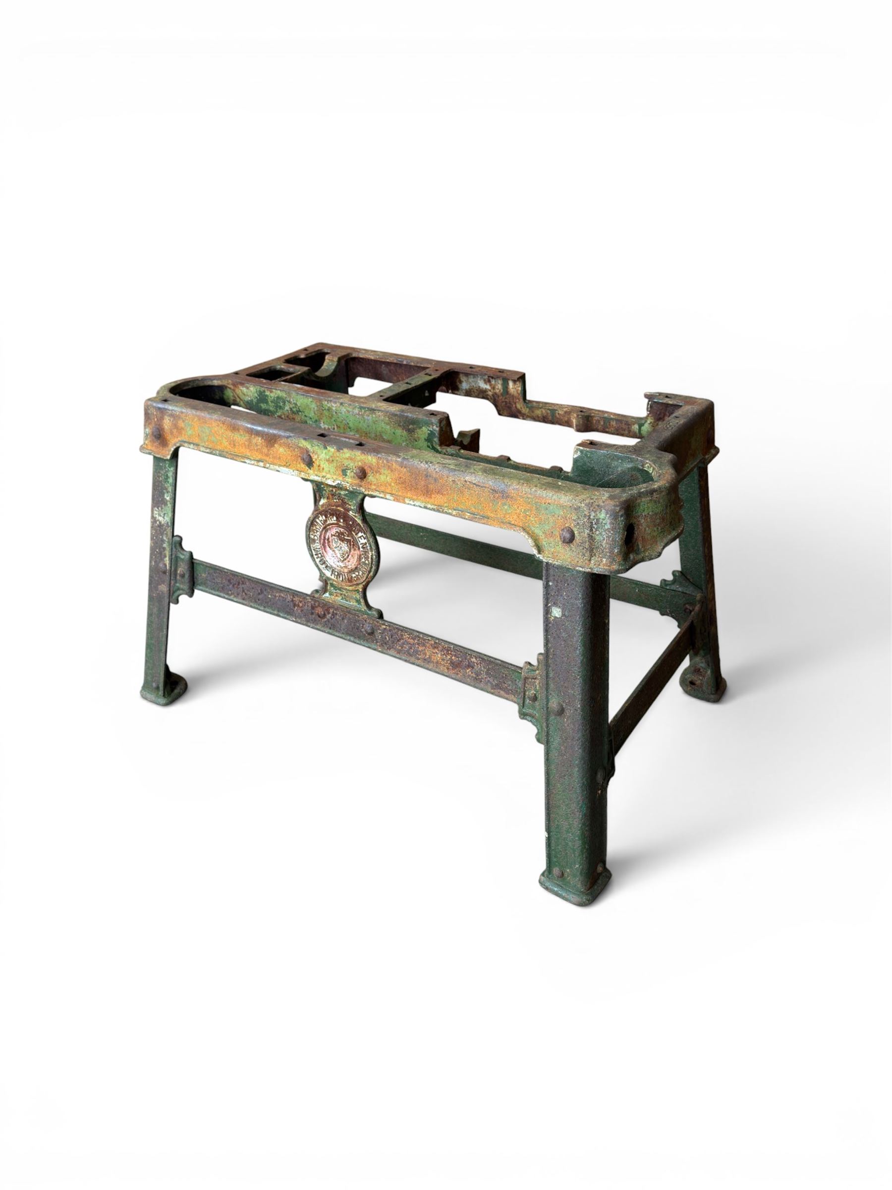 19th century heavy cast iron garden / machine table base, by Henry Bamford & Sons, with plaque, no. 3374, part of the JCB family