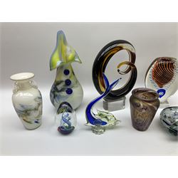 Iridescent glass vase of baluster form, together with a pair of vases of baluster firm with foliate twin handles, a glass swan bowl, and other art glass