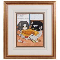 Linda Jane Smith (British 1962-): Fish and Chips for Supper!, gouache signed with initials, Halcyon Gallery label verso 29.5cm x 24cm 