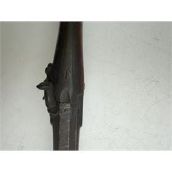 19th century single barrel percussion fire shotgun, muzzle loader, walnut stock with chequered grip and engraved steel fittings, the 84cm (33