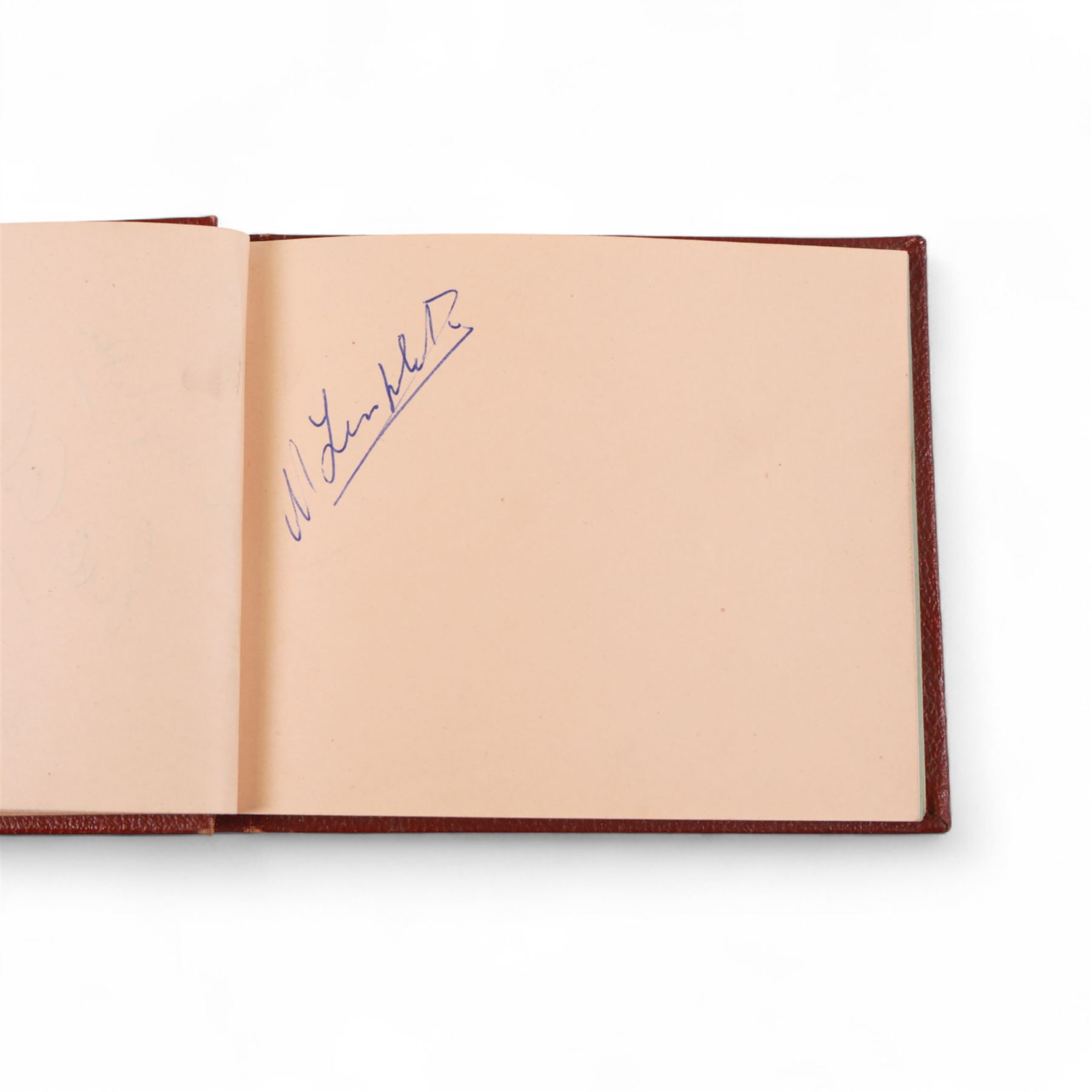 1950s autograph book, containing mostly motorcycle racing signatures, including four-time World Sidecar Champion Eric Oliver, 1952 Sidecar World Champion Cyril Smith and1955 Junior TT Champion Jack Bailey, in red leather case with gilt lettering 