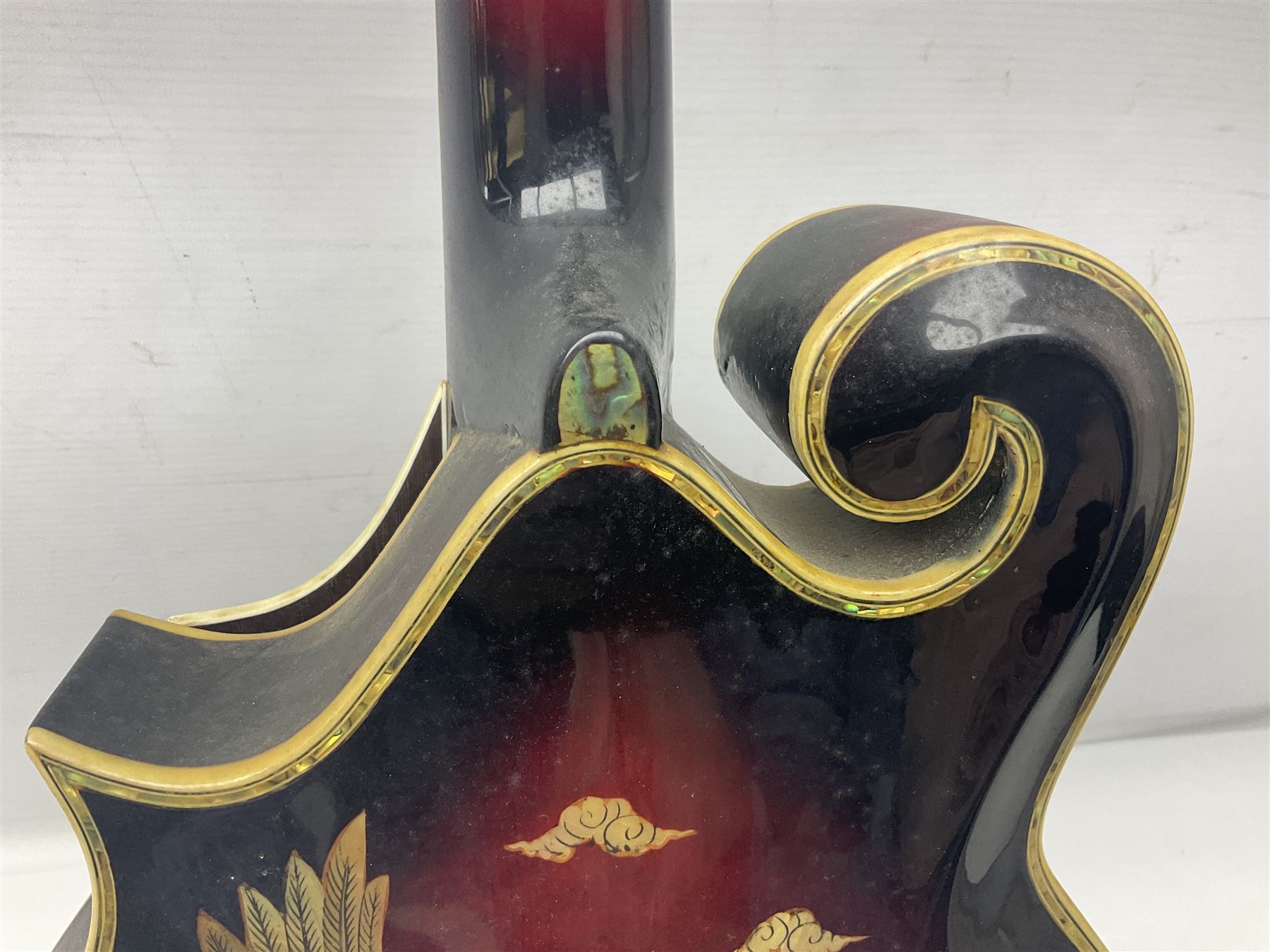 Eastern eight-string mandolin with red sunburst finish and mother-of-pearl inlay of eagles, clouds, trees etc L86cm; in fitted hard carrying case