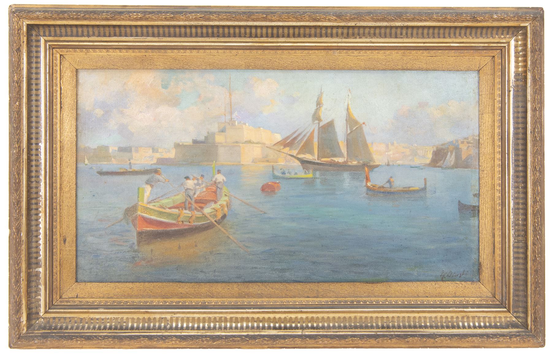 Edward Caruana Dingli (Maltese 1876-1950): Fort St Angelo and the Grand Harbour Valetta Malta, oil on canvas laid on board signed 29.5cm x 55cm
Provenance: deceased estate Lincolnshire
Notes: probably a preliminary oil for the watercolour used for the book 'The Colour and Life of Malta', from original paintings by Edward Caruana Dingli, published by Critien’s c1925