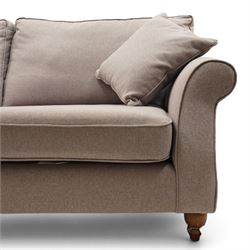 Next - contemporary four-seater sofa, upholstered in lilac fabric, square back with scrolled arms, fitted with two loose seat cushions and two loose back cushions, with arm cushions, raised on turned feet 
