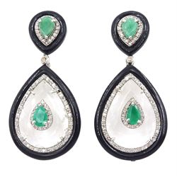 Pair of silver and gold emerald, onyx, crystal and round brilliant cut diamond, pear shaped pendant stud earring, total emerald weight approx 1.95 carat, total diamond weight approx 1.05 carat