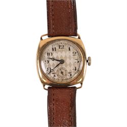 Early 20th century 9ct gold manual wind wristwatch, silvered dial with subsidiary seconds dial, Chester 1929