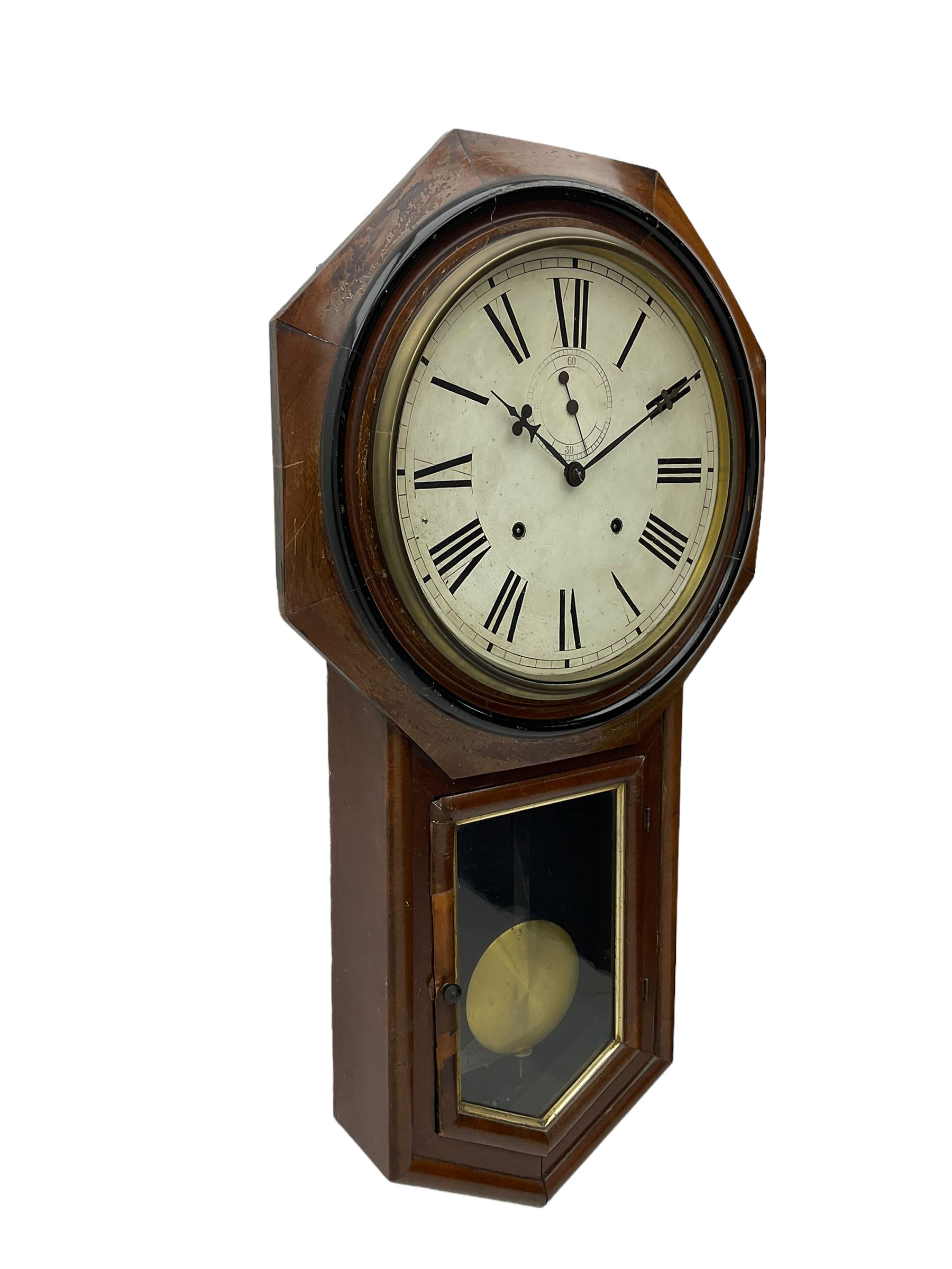 Ansonia 'Long Drop' wall clock in a mahogany and ebonised case c1900, with an octagonal wooden bezel and 12