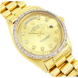 Rolex Oyster Perpetual Day-Date gentleman's 18ct gold automatic wristwatch, circa 1970, Ref. 1803, serial No. 2492514, champagne dial with after market diamond dot hour markers and diamond set bezel, on 18ct gold President bracelet, with fold-over clasp, boxed