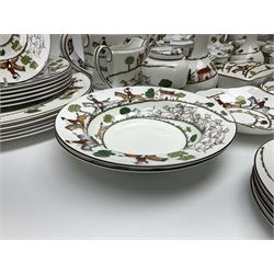 Wedgwood Hunting Scenes dinner and tea service for ten, to include dinner plates, side plates, dessert plates, cups and saucers, mugs, two large teapots, two milk jugs, etc, together with matching items by coalport and Staffordshire (94)