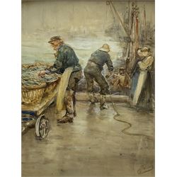 Robert Jobling (Staithes Group 1841-1923): Loading the Day's Catch, watercolour signed 38cm x 30cm