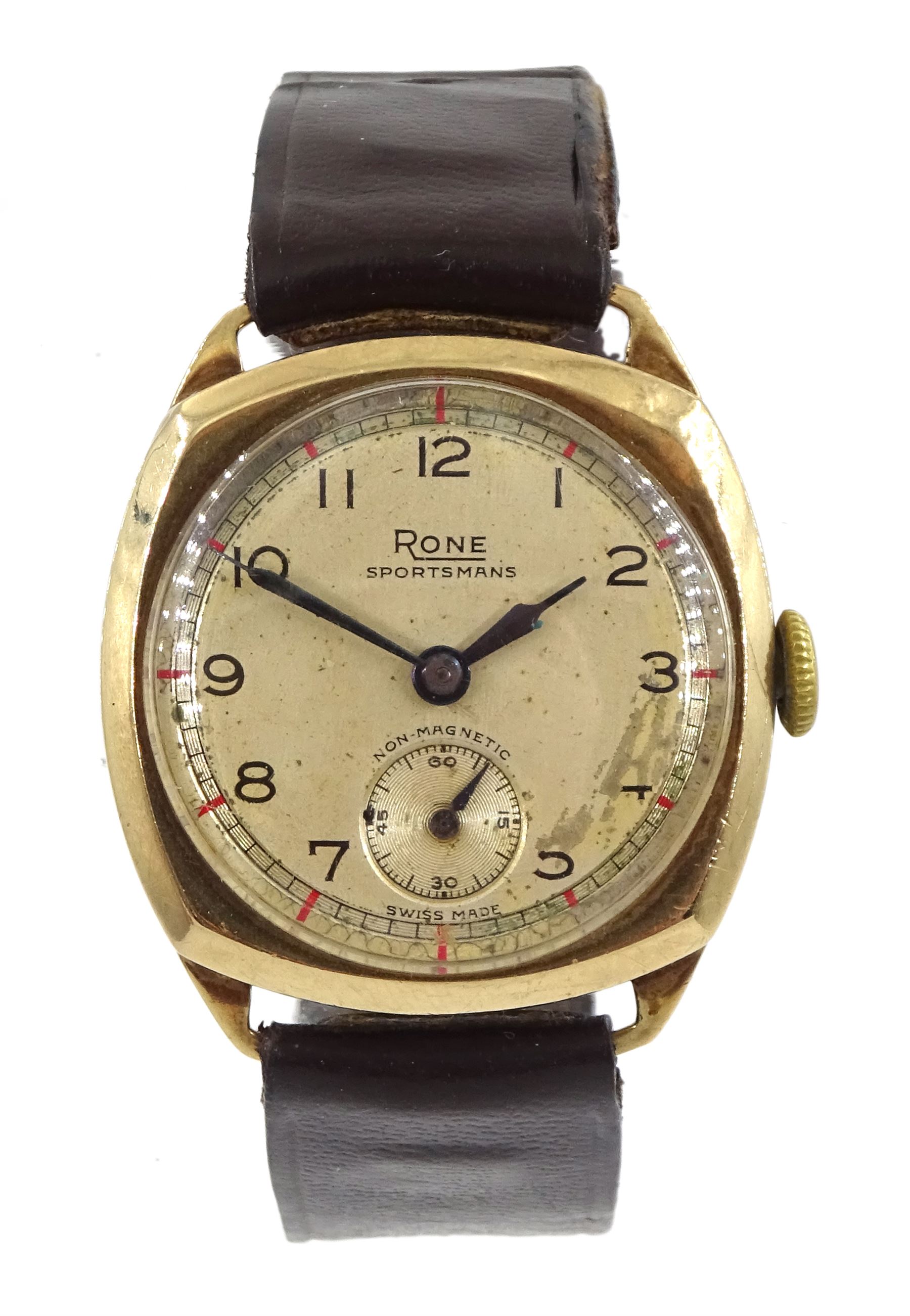 Rone Sportsmans 9ct gold manual wind wristwatch, Birmingham 1951, on brown leather strap
