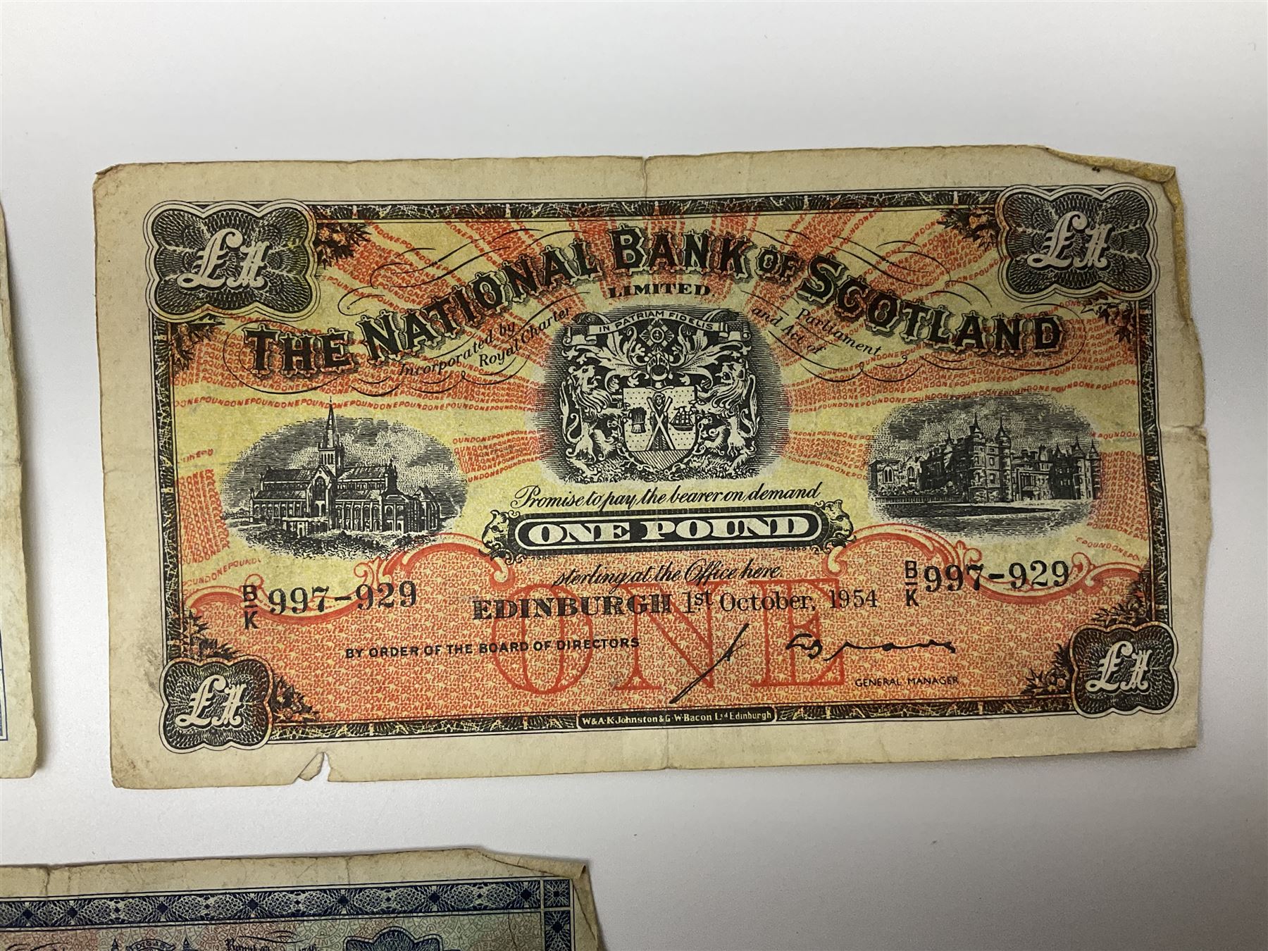 Glasgow, Clydesdale and North of Scotland Bank Limited one pound banknote 1st March 1952 ‘E312010’, The National Bank of Scotland Limited one pound 1st October 1954 ‘B/K 997-929’ and Edinburgh The British Linen Bank one pound 9th August 1955 ‘Y/2 026919’