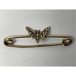 9ct gold pear butterfly brooch, 9ct gold stone set ring and an silver fob watch, all stamped or hallmarked 