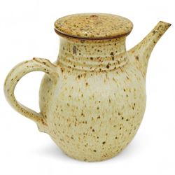 David Lloyd Jones (1928-1994); covered coffee pot and shallow bowl, each with speckled glaze, the bowl decorated with a pink flower, coffee pot H17cm 