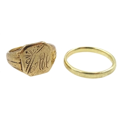  Gold signet ring and gold band, both hallmarked 9ct, approx 8.63gm   