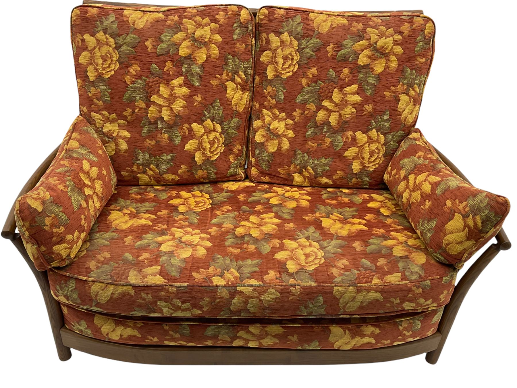 Ercol Renaissance elm two seat sofa, loose cushions in terracotta fabric