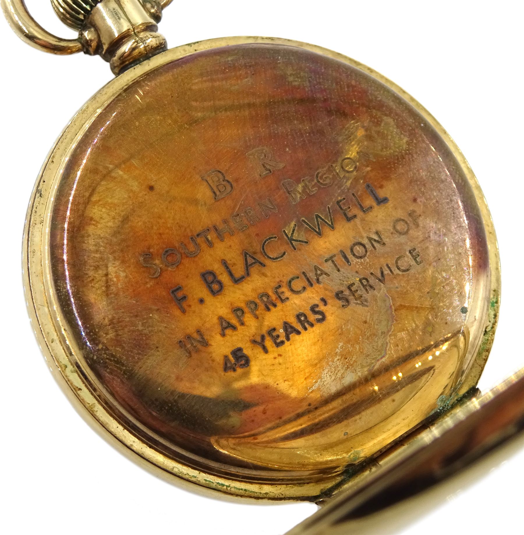 Vertex Revue gold-plated open face, key wound 15 jewels lever, railroad presentation pocket watch, white enamel dial with Roman numerals, case by Dennison, inner dust cover inscribed 'B R Southern Region F. Blackwell in Appreciation of 45 Years Service', 