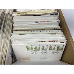 Quantity of mostly Queen Elizabeth II Great British and Channel Islands first day covers, some with special postmarks and printed addresses, mostly 1970s and later, in two boxes