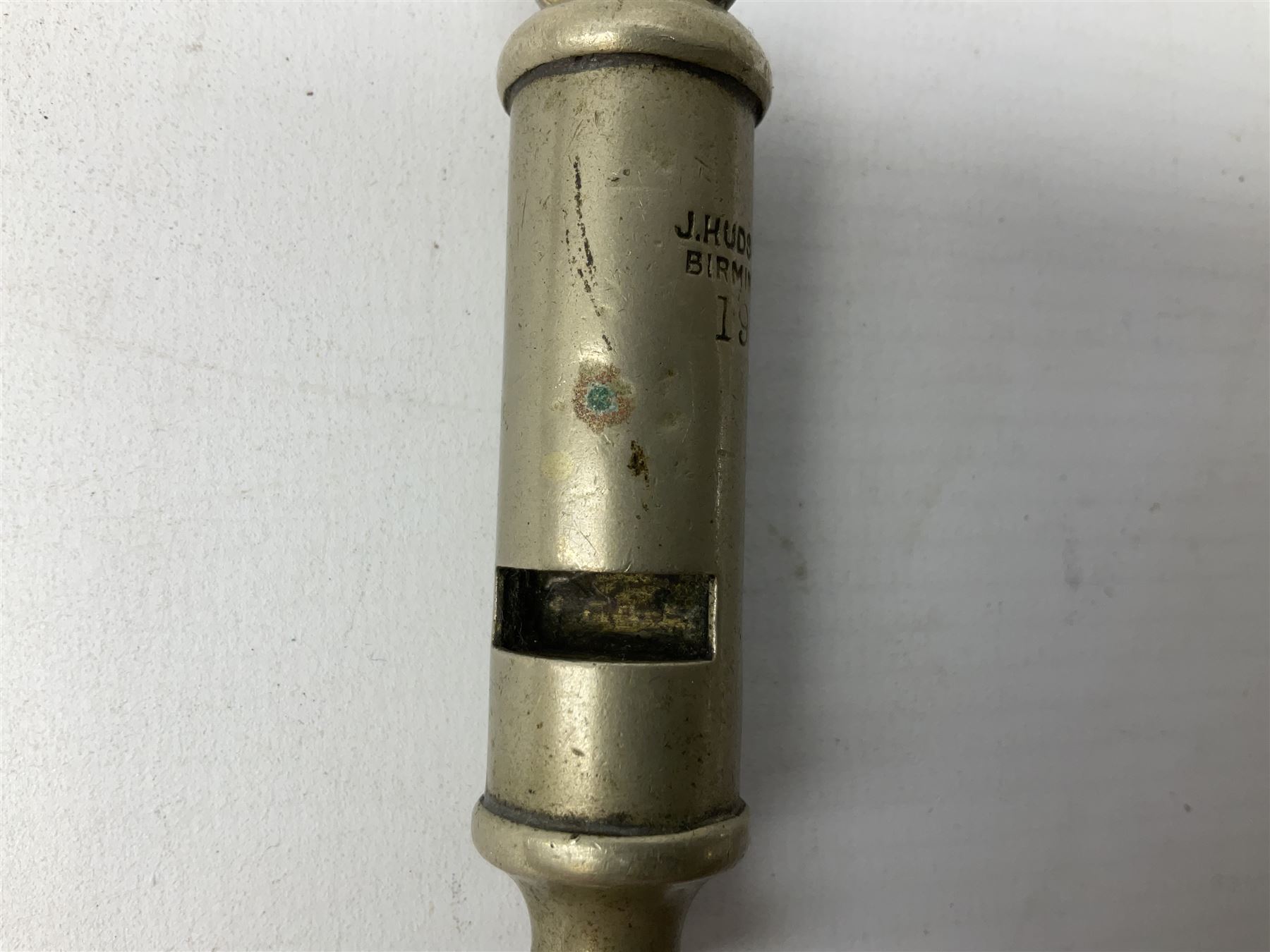 Three J Hudson & Co Birmingham military whistles, dated 1915, 1916, 1923