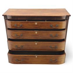 19th century mahogany bow fronted chest, the moulded top over four long cock-beaded drawers with brass swan neck handles and shield shaped bone escutcheons, flanked by reeded uprights, raised upon shaped bracket feet