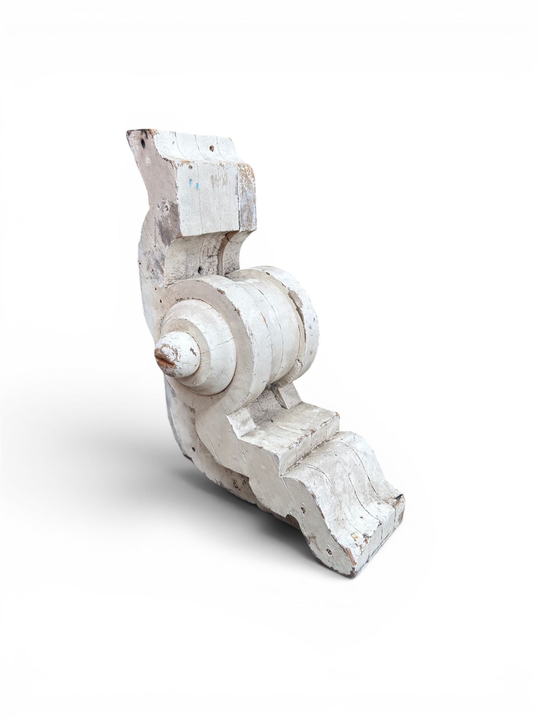 Pair of 19th century stripped pine columns  with carved capitols; an a pair of painted scroll architectural capitols (4)