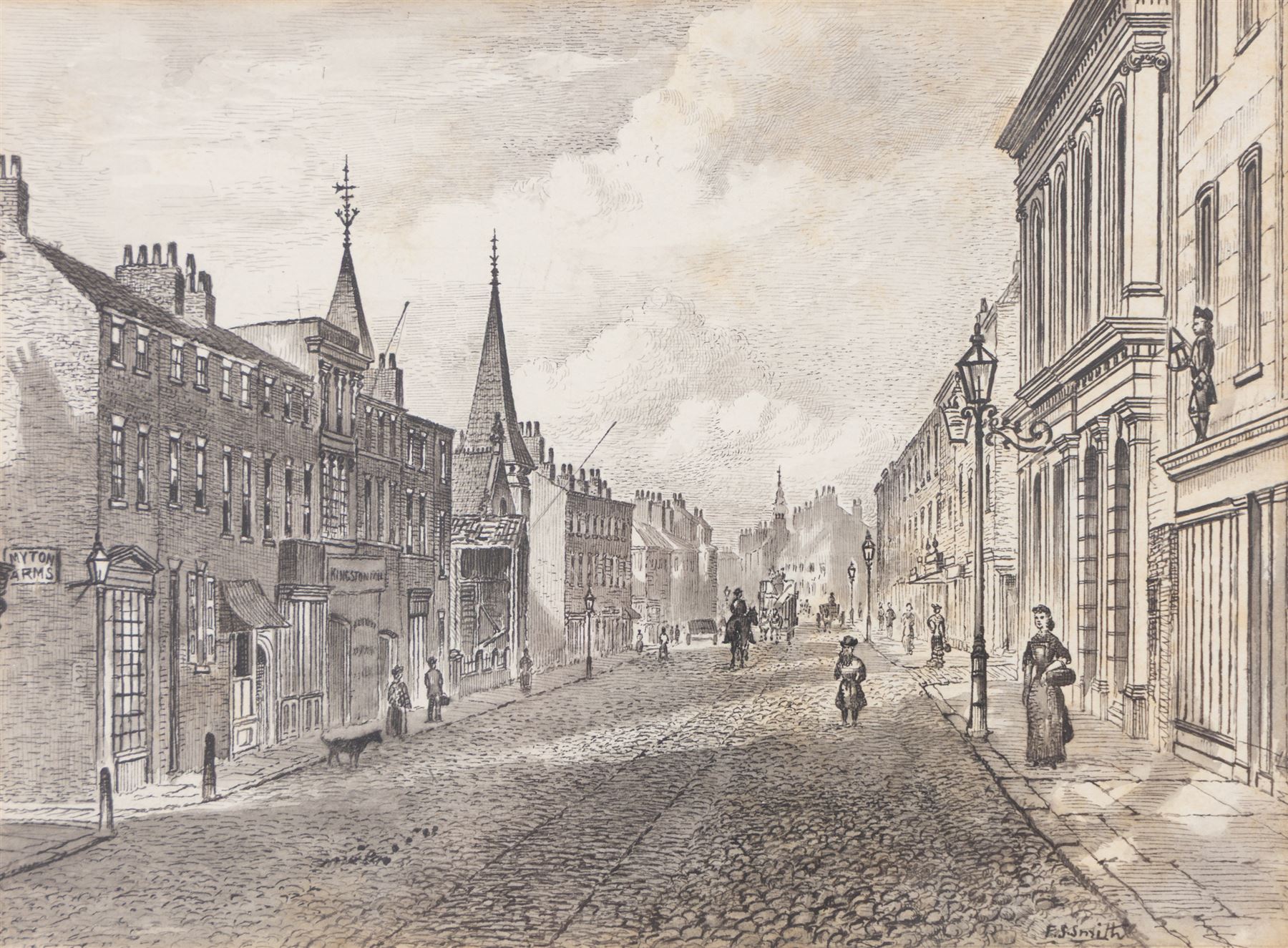Frederick Schultz Smith (Hull 1860-1925): 'View of Saville Street' and 'View of Osborne Street & Freemans Hall' Hull, two monochrome watercolours and ink signed, titled verso 12cm x 17cm (2)