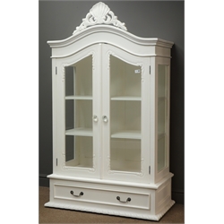  French style white finish armoire, pierced and carved cresting, glazed sides and two glazed doors, three shelves, above long drawer, W96cm, H161cm, D50cm  