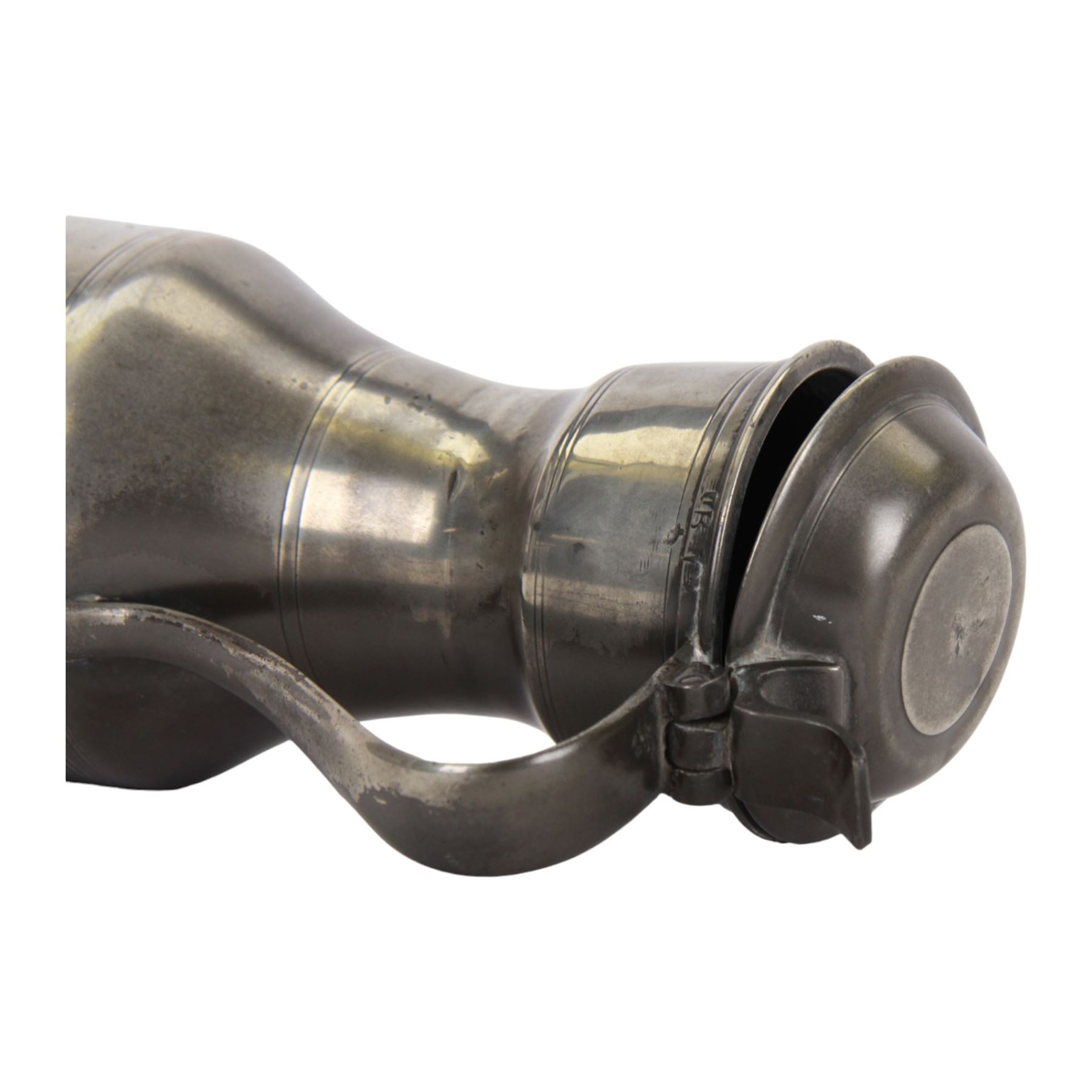 George III pewter tappit hen, circa 1800, the body of typical shouldered form, with bands of incised lines, curved flat thumbpiece, and curved strap handle, bearing indistinct touch marks along collar, including thumb piece H26.5cm, 