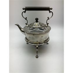 Brass desk inkwell and pen tray, together with selection of silver plate, to include teapot of squat circular form with flower bud finial, in one box 