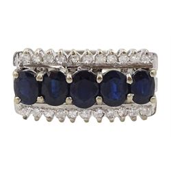14ct white gold five stone oval sapphire ring with a row of diamonds set either side, stamped 585