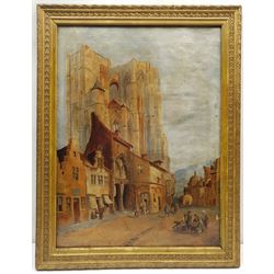 J Wood (19th/20th century): Street Scene before a Cathedral 'Belgium', oil on canvas signed and titled verso 60cm x 44cm