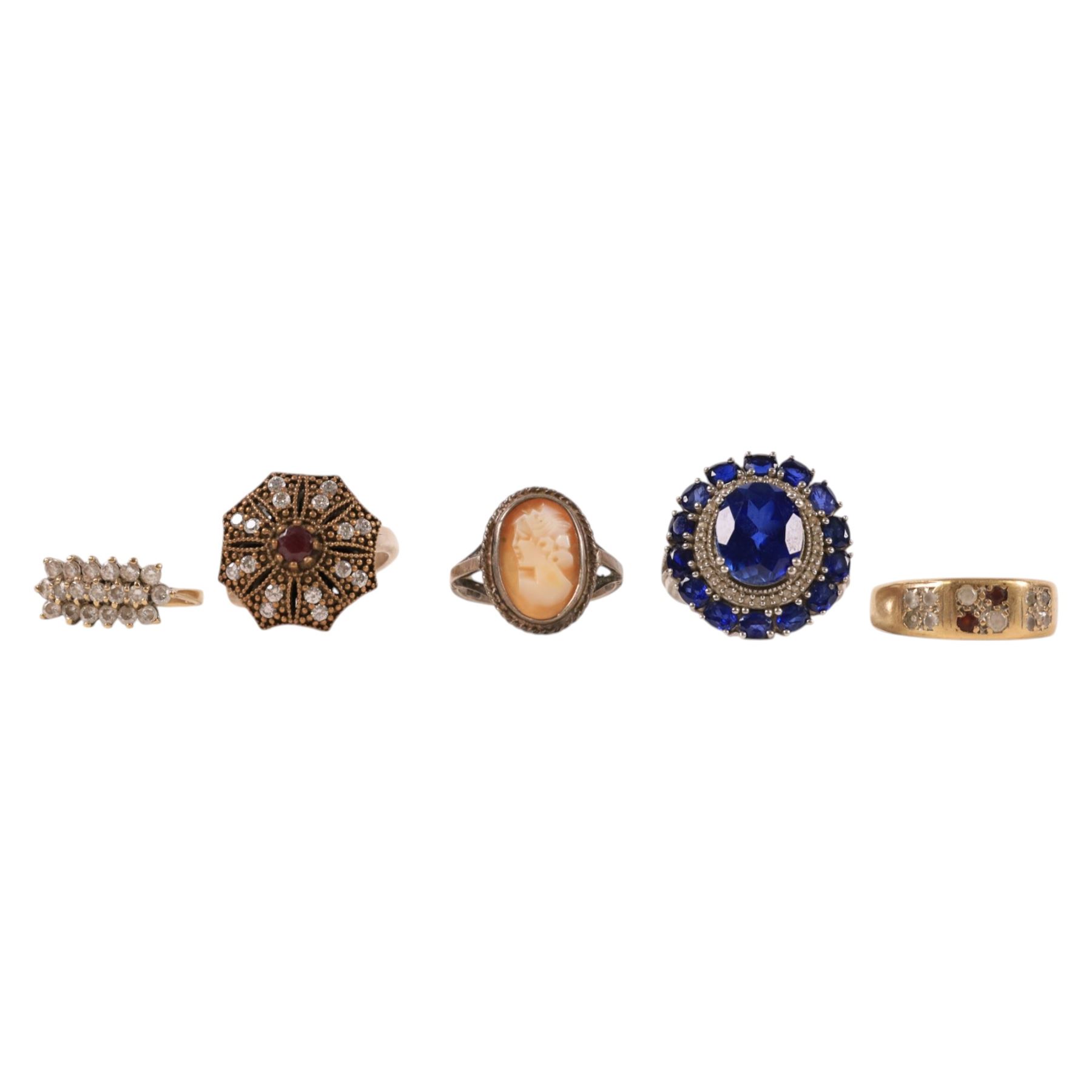 Two 9ct gold paste rings, both hallmarked, together with three silver stone set rings