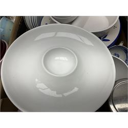 Four large meat platters, Royal Worcester Bunnykins mug and a large collection of other ceramics, including vases, dinner plates, teawares, etc, in five boxes 