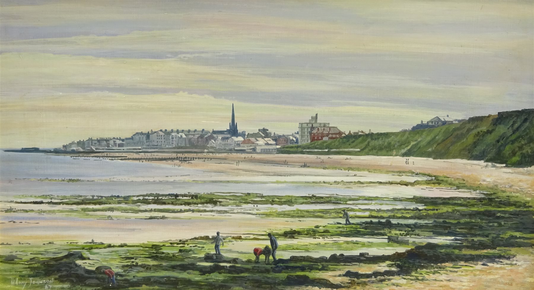 Hilary Johnson (British 20th century): Rock Pooling at Bridlington, oil on board signed, and Michael Major (British 20th century): Bathing Machines on the South Bay Scarborough, oil on canvas signed and dated '82, 35cm x 98cm