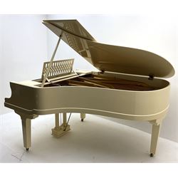 Julius Bluthner of Leipzig, Germany - Boudoir Grand Piano in cream lacquered finish with an open lattice music desk, original patent Bluthner action, recently restored and re-strung with new tuning pins, hammer heads and damper felts, re-sprayed iron frame  and re-furbished wooden soundboard with manufacturers decal and traditional 