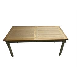 Neptune - 'Suffolk' 8-12 seat extending dining table, rectangular oak with breadboarded ends, on light grey finish base with turned supports, three additional leaves