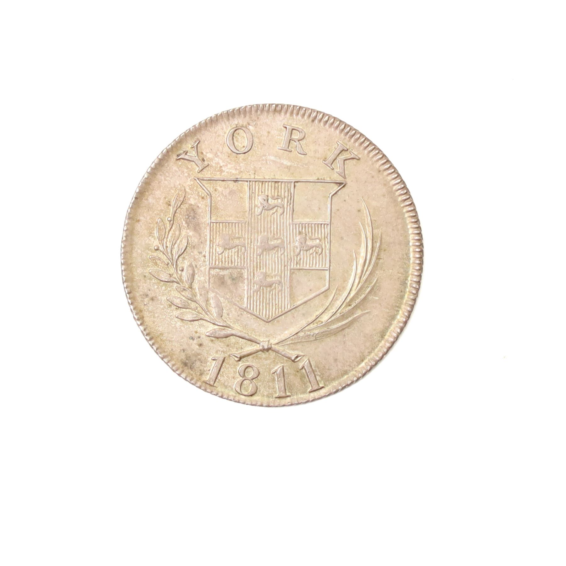 Whitby Association silver shilling token 1811 and a Cattle & Barber York silver shilling token 1811 