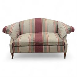 Traditional design two seater sofa, upholstered in striped blue and purple fabric
