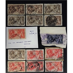  Collection of Great British King George V 'Seahorses' seven 2/6 brown (half crown), six 5/- red and one 10/- blue, in stockcards  
