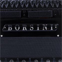 Borsini Professional 5-Row Chromatic button accordion, with 92 white pearlescent chromatic buttons and 136 bass buttons, possibly a custom model, in black high gloss case, with carry strap and original hard carrycase