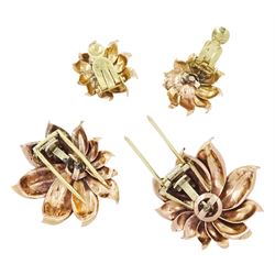 Pair of Hungarian rose gold diamond flower head hair clips, each set with a cluster of seven rose cut diamonds, with a pair of matching clip-on earrings, hallmarked