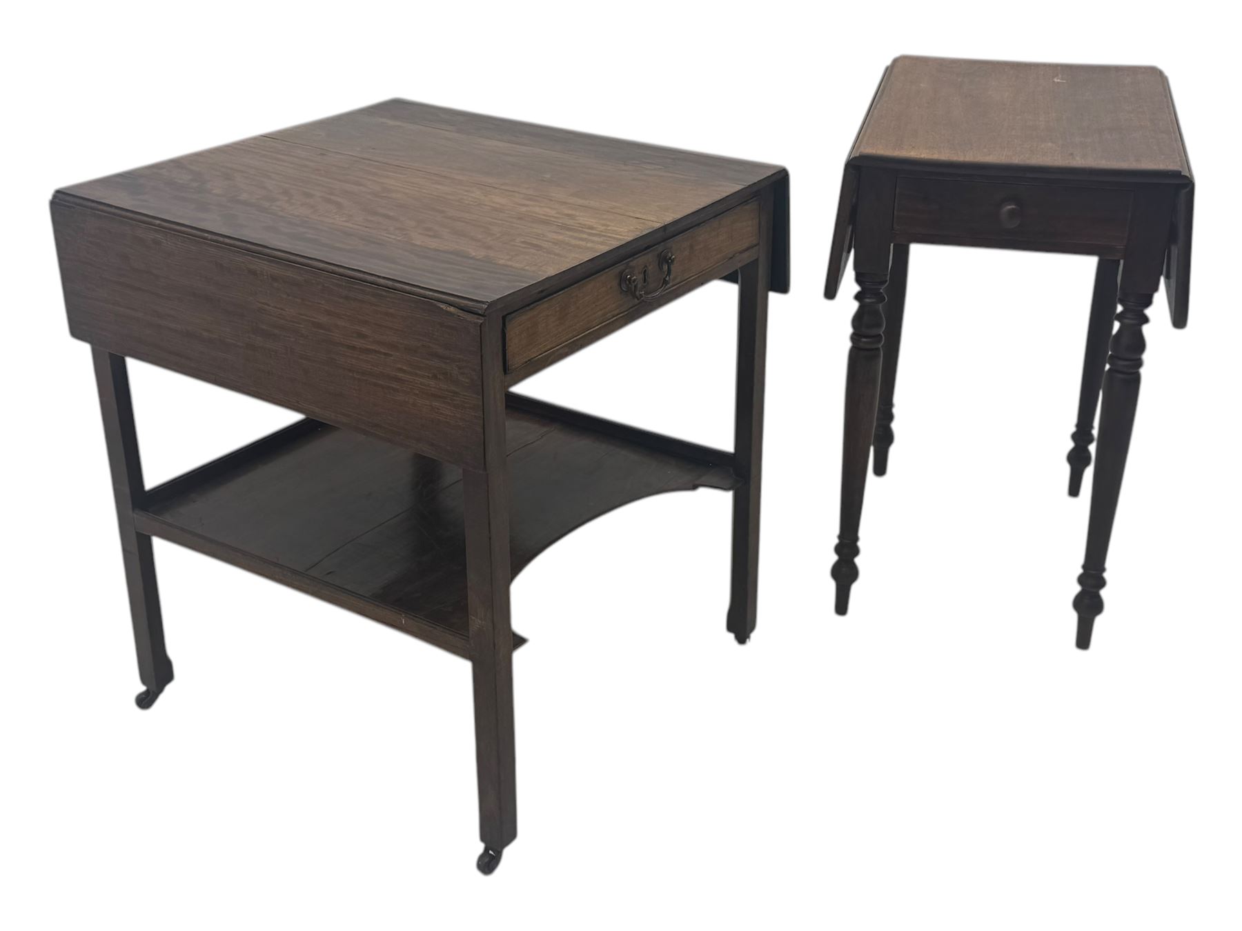 Georgian design mahogany drop-leaf table, rectangular top above a single drawer with brass handle, square supports united by arched undertier, on brass castors (W62cm, D65cm, H72cm); and a smaller mahogany drop-leaf table with single drawer on turned supports (W43cm, D61cm, H72cm)