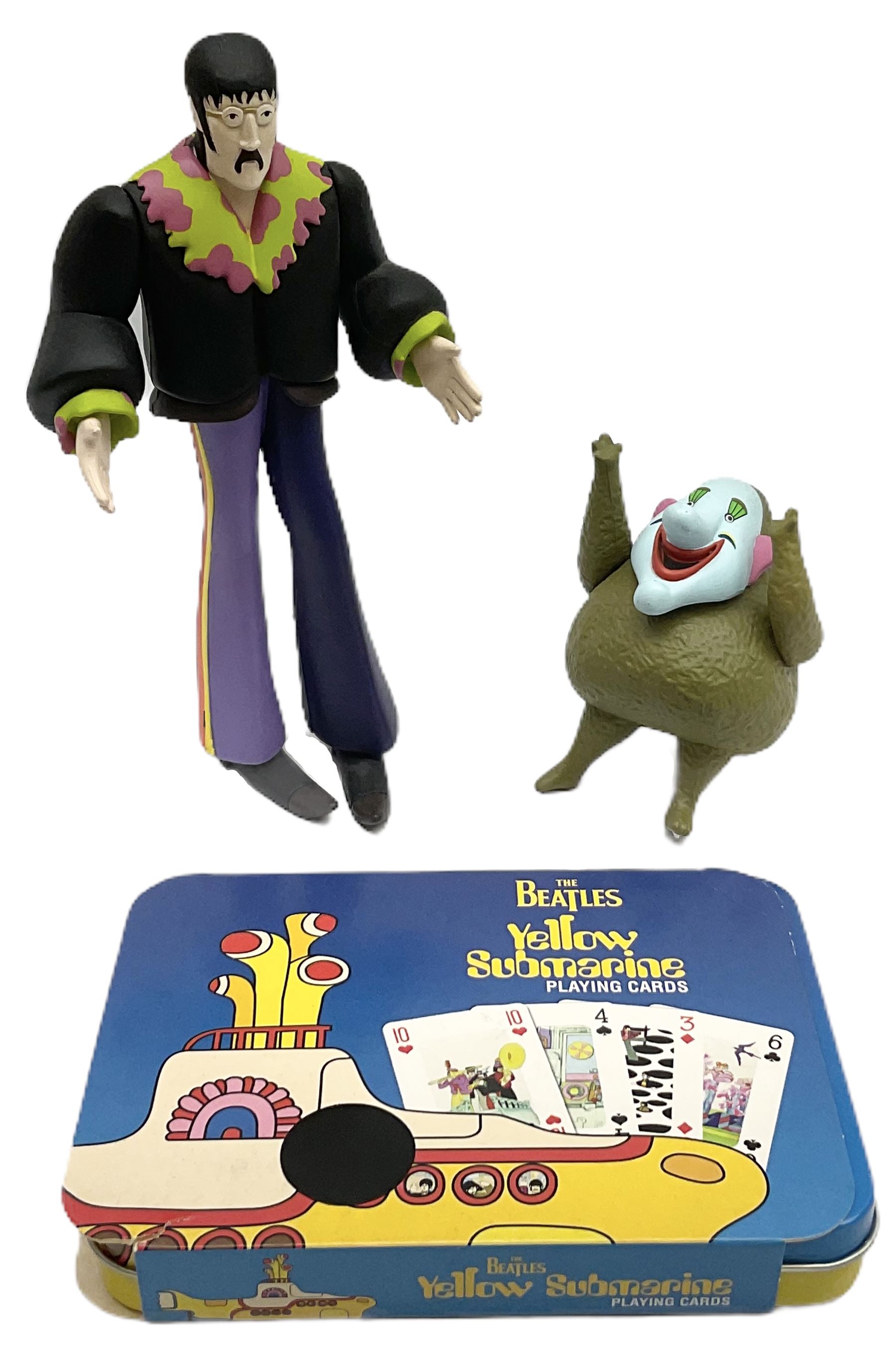 Special edition The Beatles Yellow Submarine playing cards, unopened with gilt edging in a metal tin, together with 1999 McFarlane Toys figures of Yellow Submarine John Lennon and Jeremy Hillary Boob, PH. D, tallest figure 19.5cm 