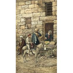Matthew Hinscliff (British 19th century): 'A Cairene Fruit Seller', watercolour signed with monogram, titled on mount 30cm x 17cm