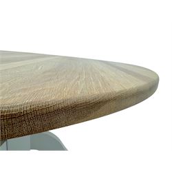 Contemporary Neptune 'Chichester' dining table, circular oak plank top over a grey painted pedestal base, raised on three curved supports