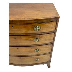George III inlaid mahogany bow-front chest, fitted with four graduating drawers, octagonal plate and loop handles, shaped apron and splayed bracket feet