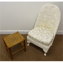  Set four elm seat ercol hoop back chairs (W39cm) a white finish wicker chair, upholstered seat, cabriole feet (W49cm), hardwood storage unit with wicker baskets, a serving trolley and a stool (8)  