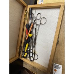 Fishing equipment, including two Fladen Vantage reels, split cane rod, hooks, line, lures etc, in Leeda plastic box and table top plastic drawers