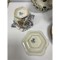 Victorian and later dinner wares, to include Masons ironstone, decorated with flowers and an exotic bird to include bowls, Amherst Japan pattern Ironstone pedestal bowl decorated with floral sprays, etc